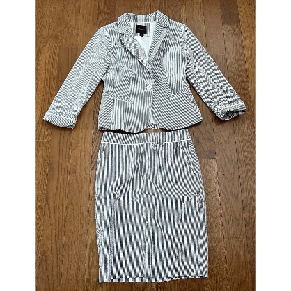 The Limited Collection XS 2PC Suit Gray White Pinstripe Blazer Pencil Skirt Y2K
